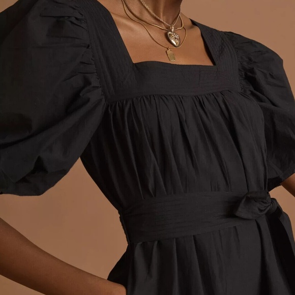 Anthropologie Love the Label Black Poplin Dress with puff sleeves and belt - Picture 3 of 12